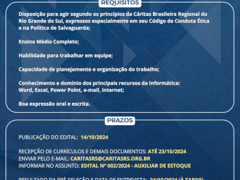 Aberto Edital de Seleção Simplificada para Auxiliar de Estoque da Cáritas RS